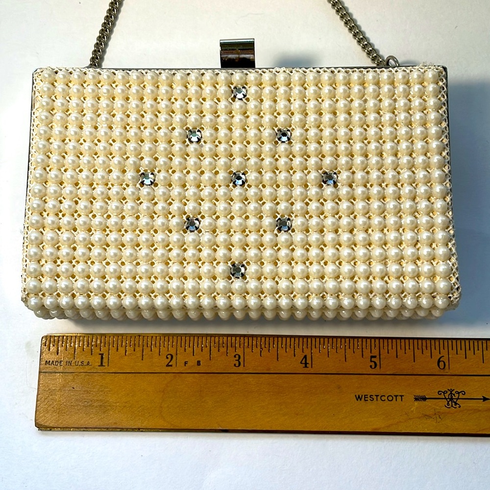 Vintage Faux Pearl Rhinestone Silver Tone Frame 1950's Small Purse - Picture 3 of 7